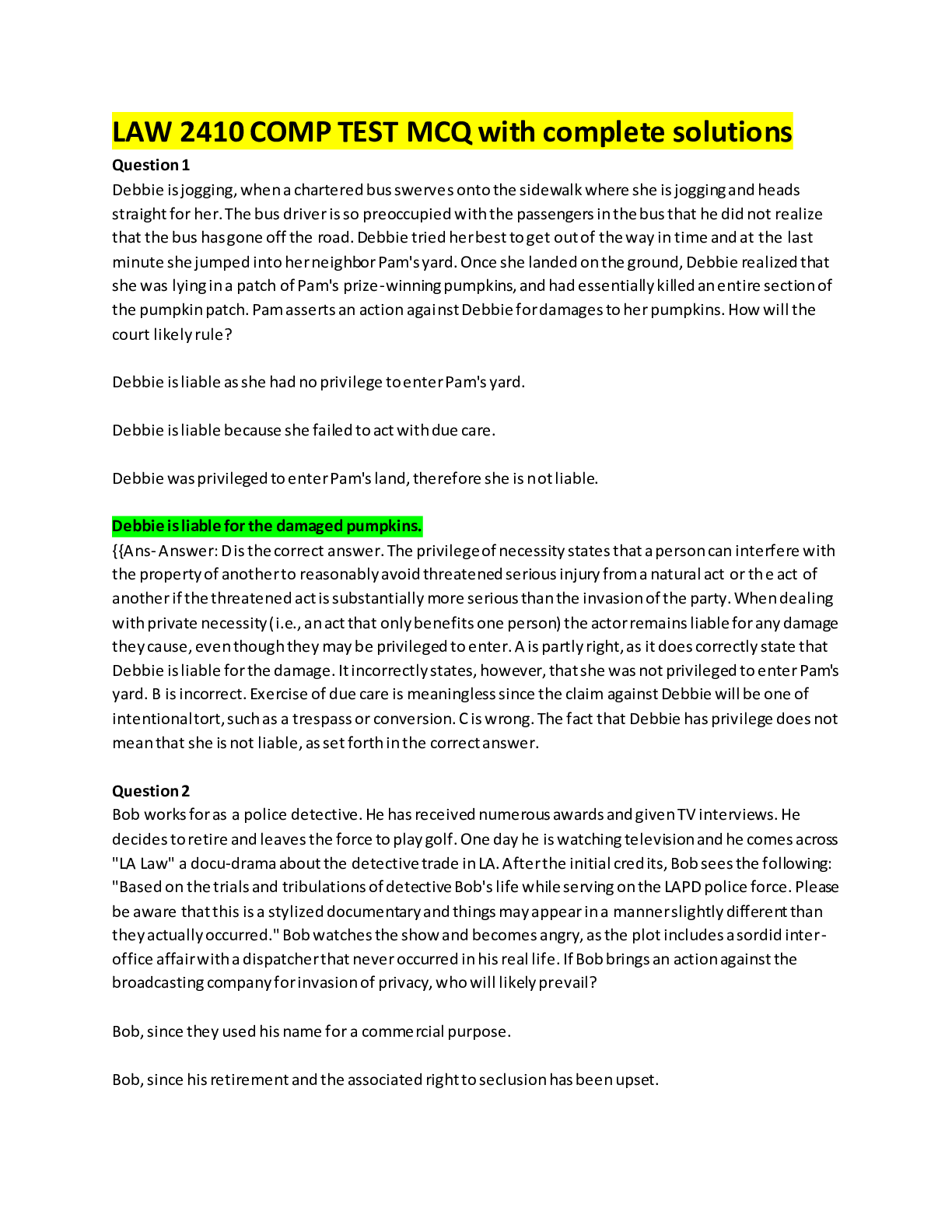 Preview image for LAW 2410 COMP TEST MCQ/ HIM 2410 with complete solutions